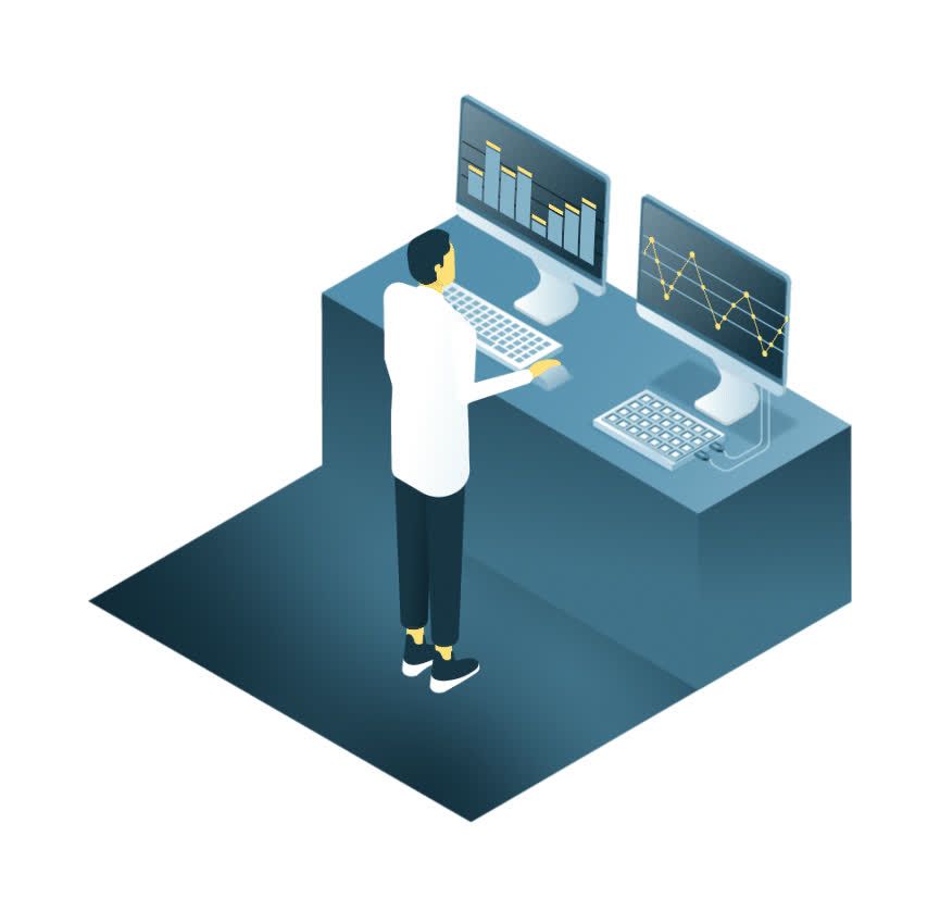 Illustration of a person analyzing chip manufacturing data on computer monitors.