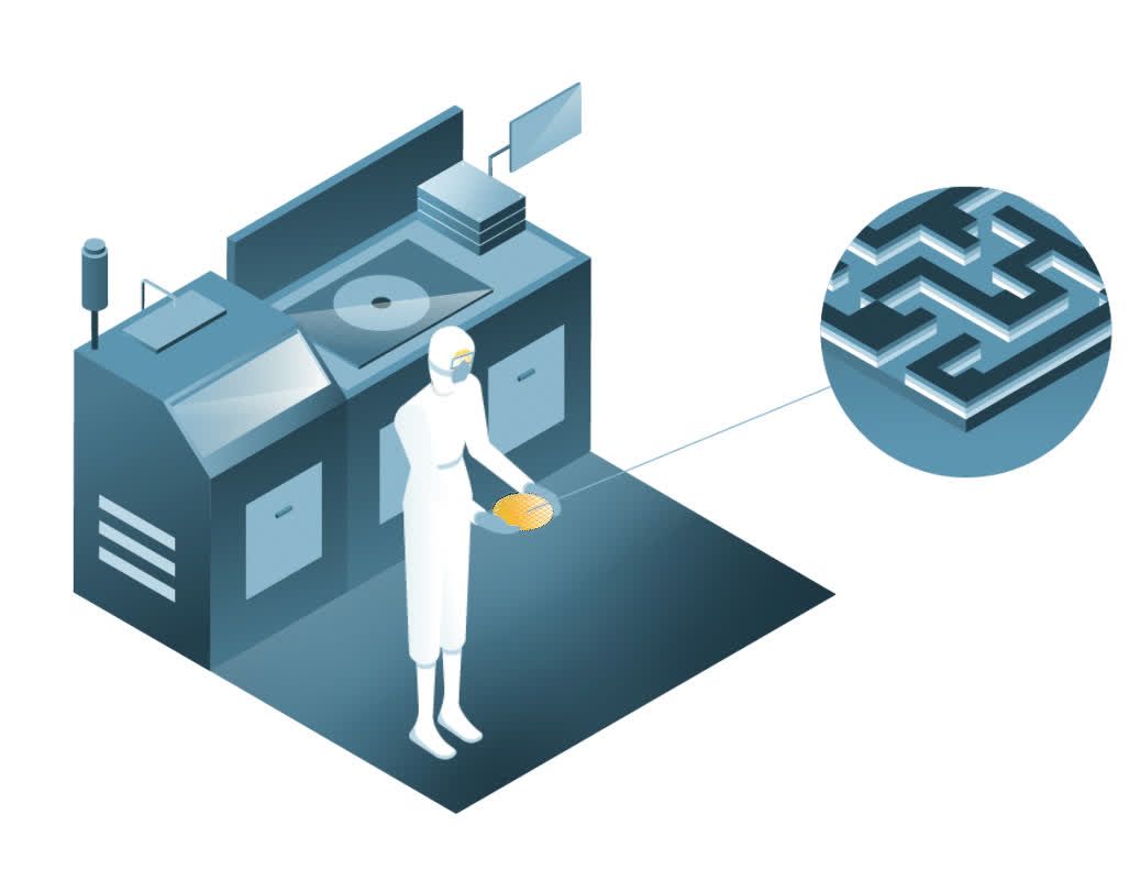 Illustration of a semiconductor fabrication cleanroom and process design elements.