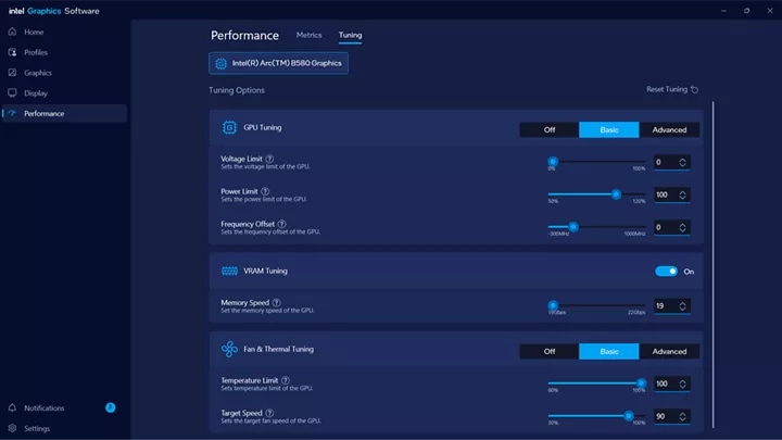 Screen capture of intel graphics software performance page