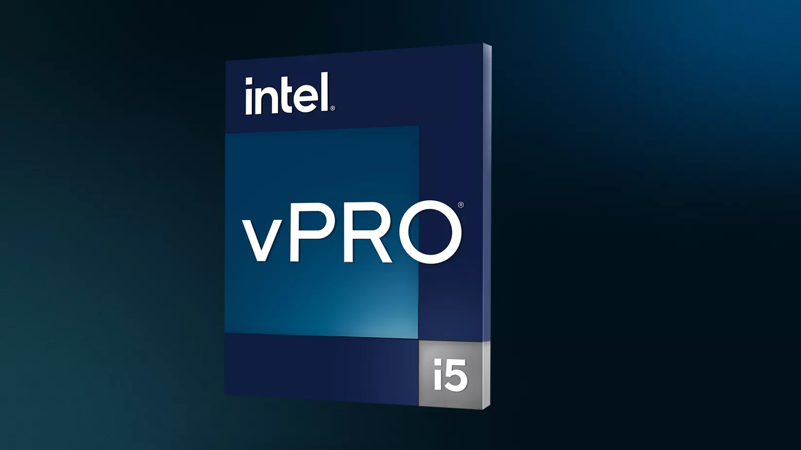 ダークブルーの背景に Intel vPro® i5 プロセッサーのバッジ