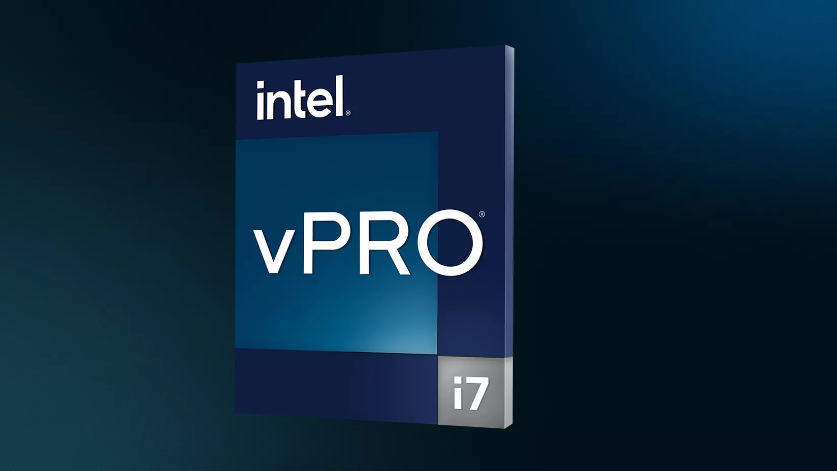 ダークブルーの背景に Intel vPro® i7 プロセッサーのバッジ