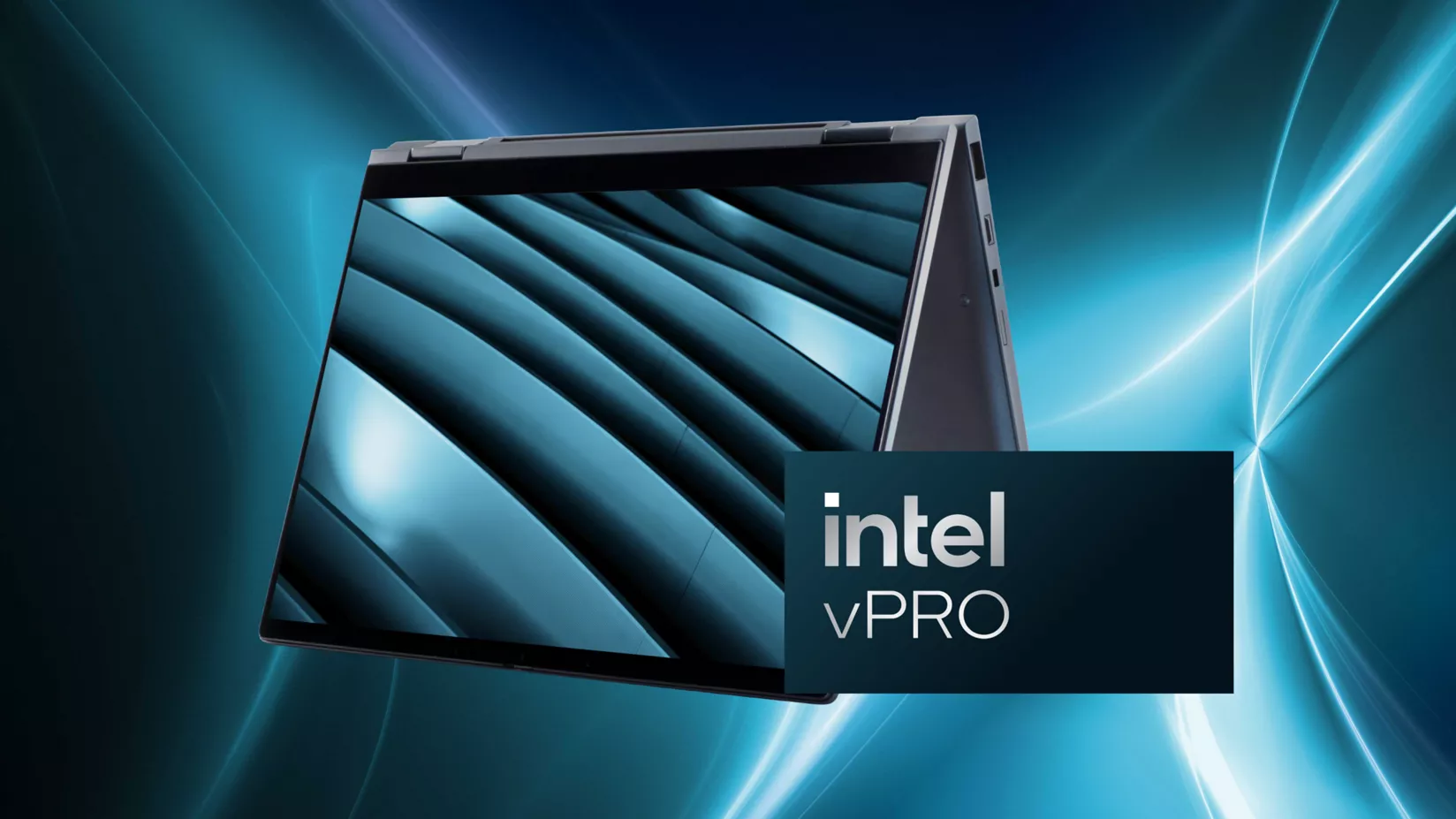 Aufgeklappter 2in1-Laptop im Tablet-Modus vor dunklem abstraktem Hintergrund mit leuchtenden blaugrünen Linien. Ein Intel vPro® Logo ist unten rechts zu sehen.