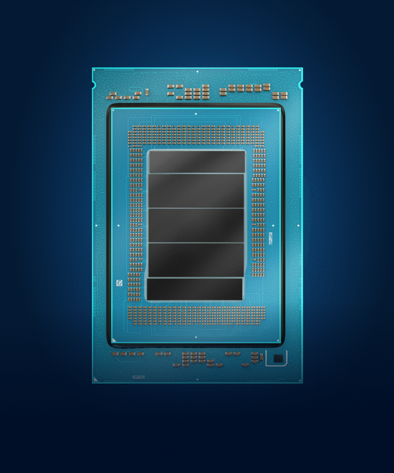 Intel Xeon 6+ processor with a blue glow on a black background.