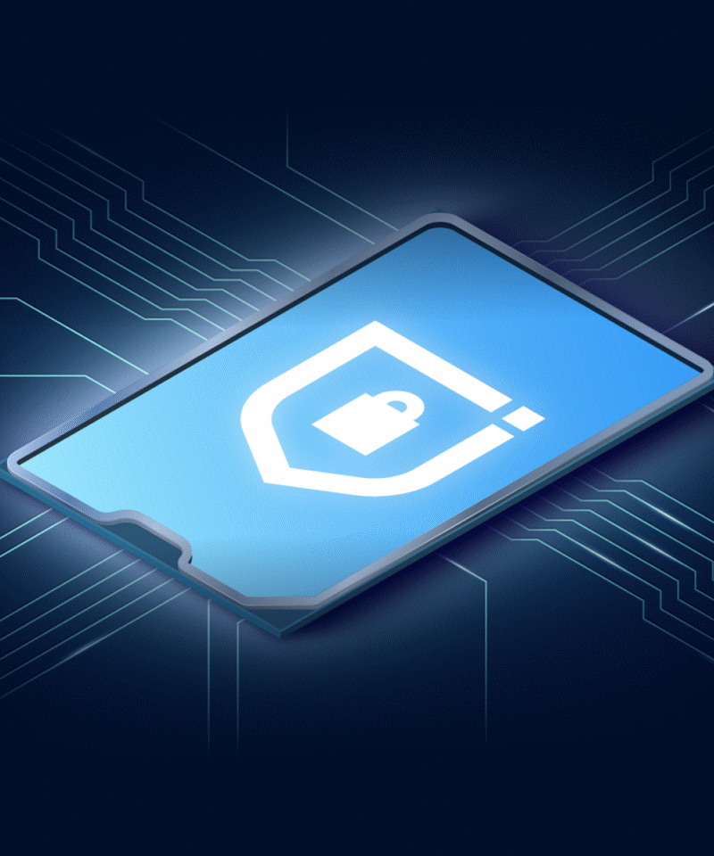 Stylized processor image with a lock icon.