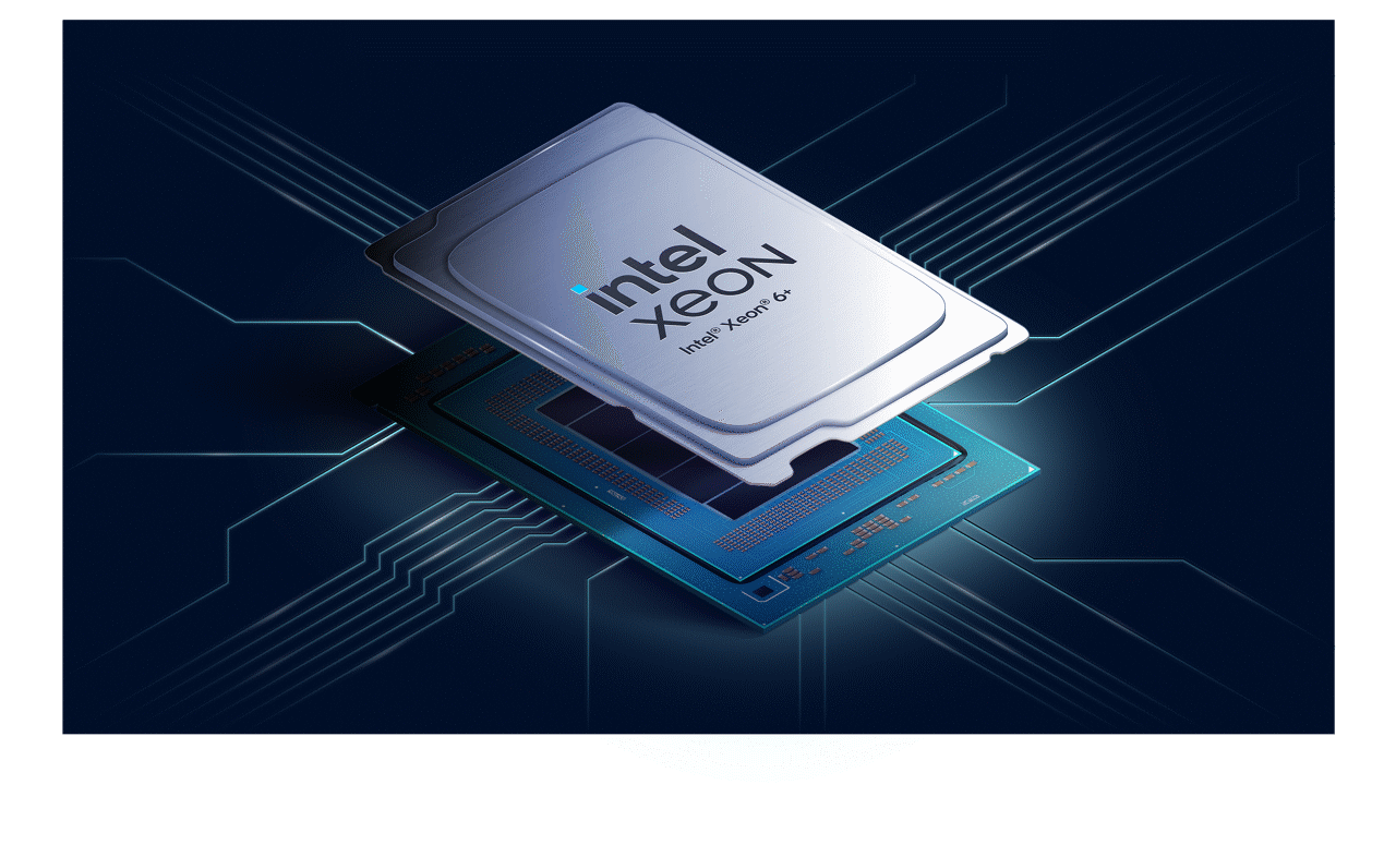 Intel Xeon 6+ processor with the lid floating above the interior.