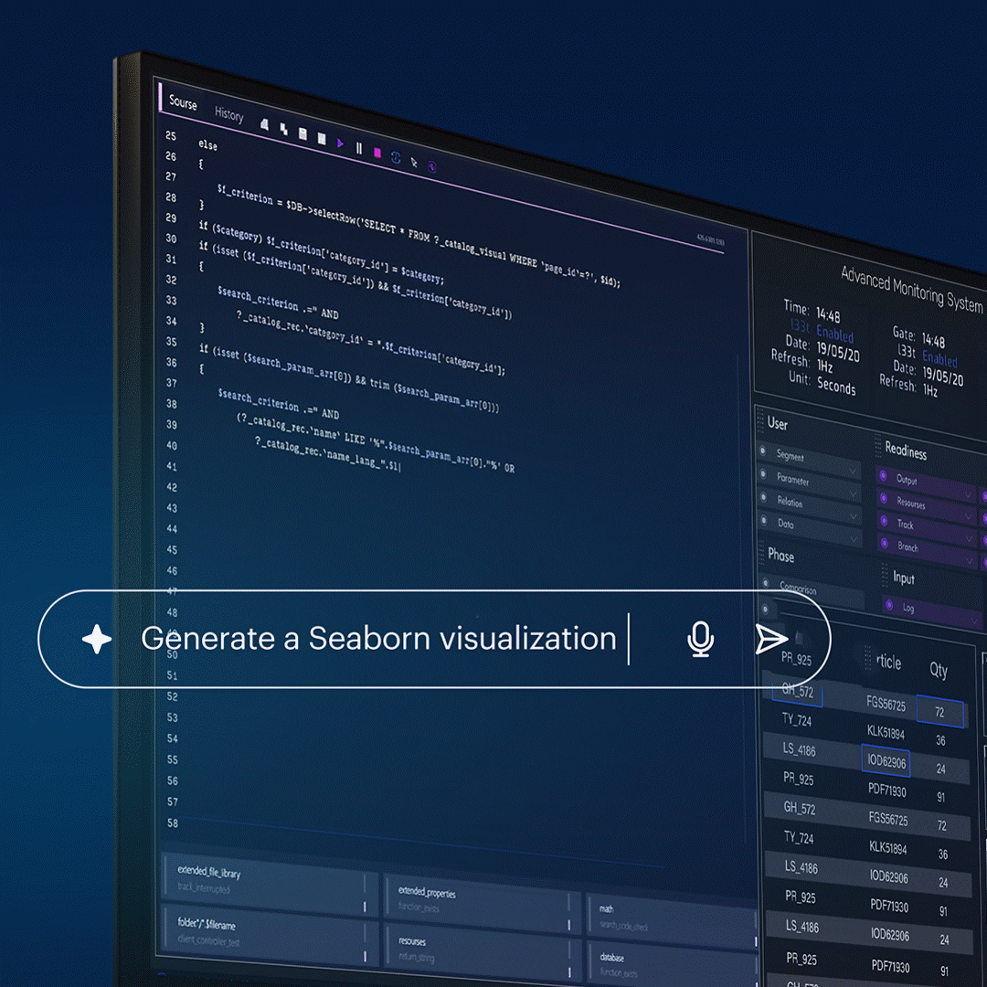 Computer monitor displaying code and data tools for AI development