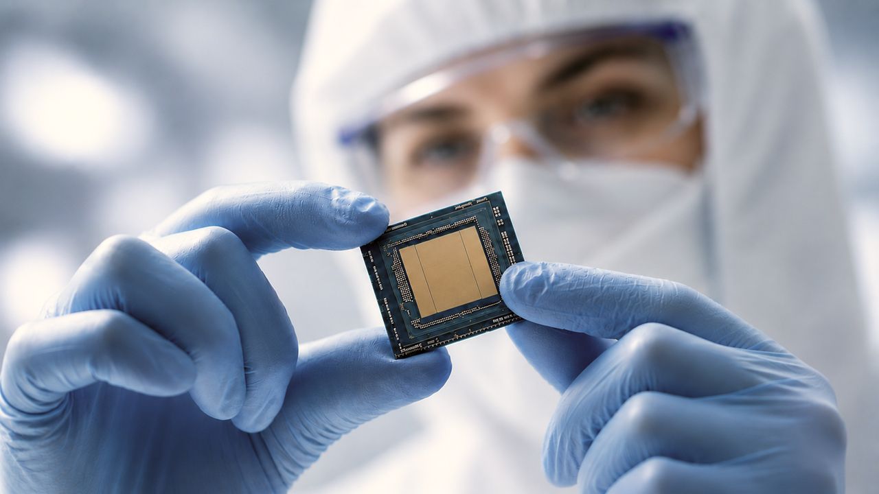 Technician in a clean suit holding a chip