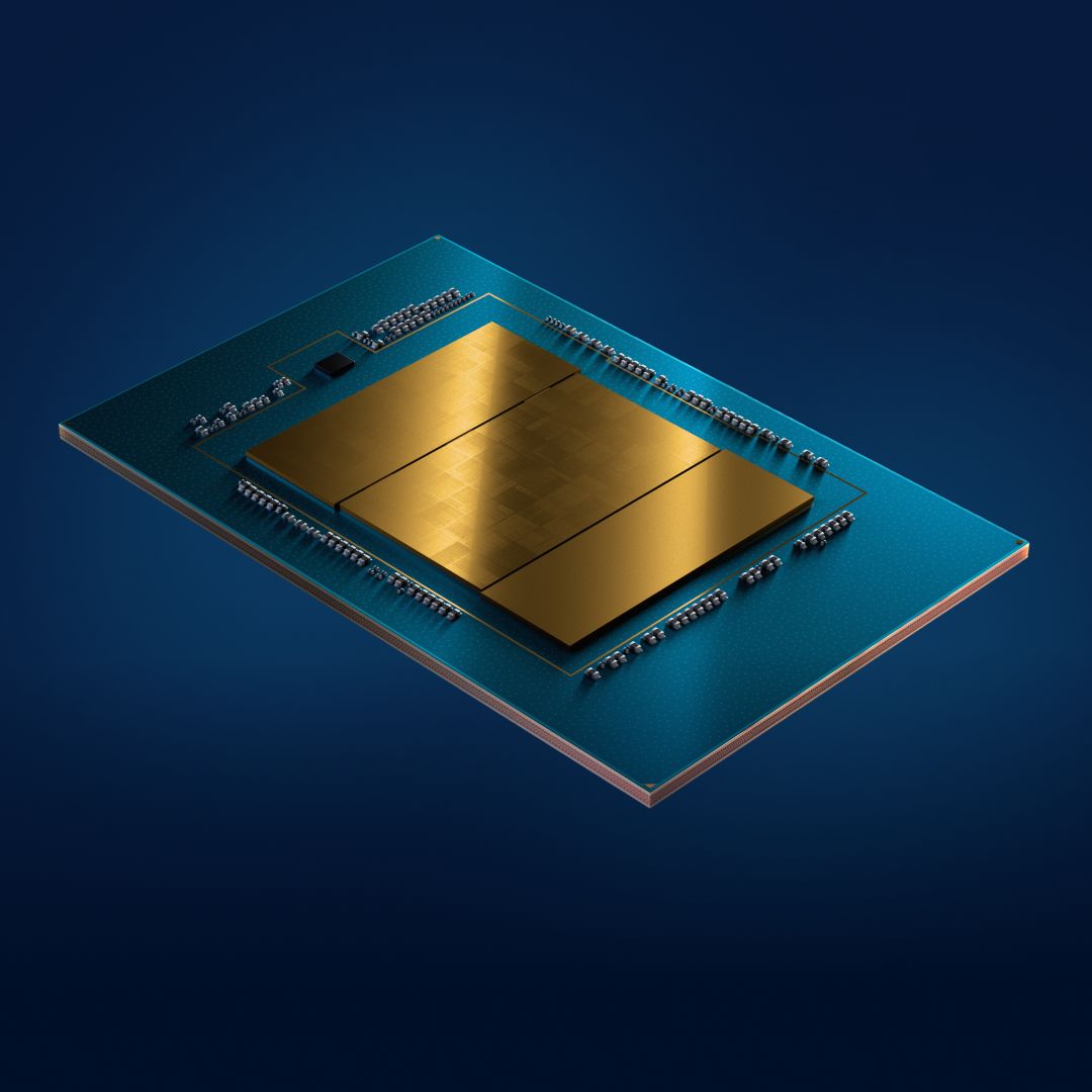 A stylized processor die is shown on a circuit board.