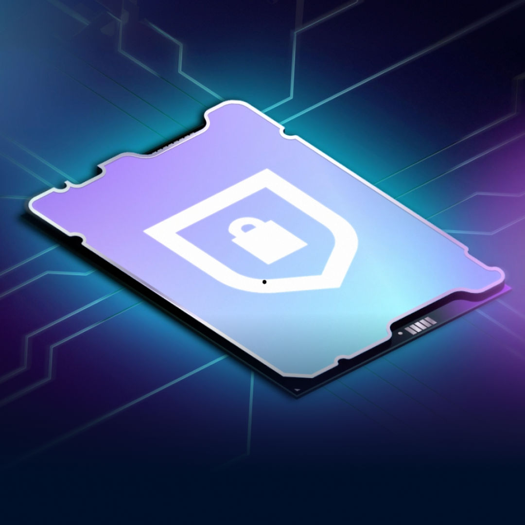 Stylized illustration of a microchip with a glowing outline of a lock, centered against a dark geometric background.
