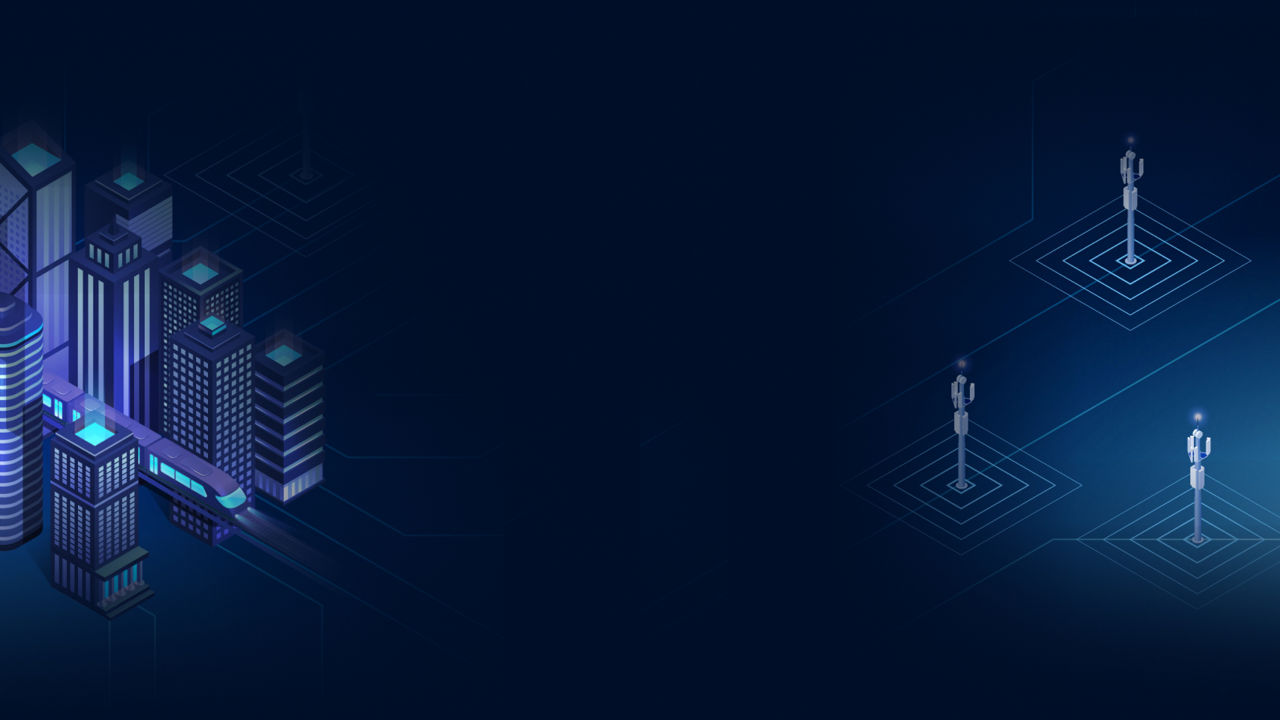 Abstract illustration of telecommunications towers connected with network lines to a glowing cityscape.