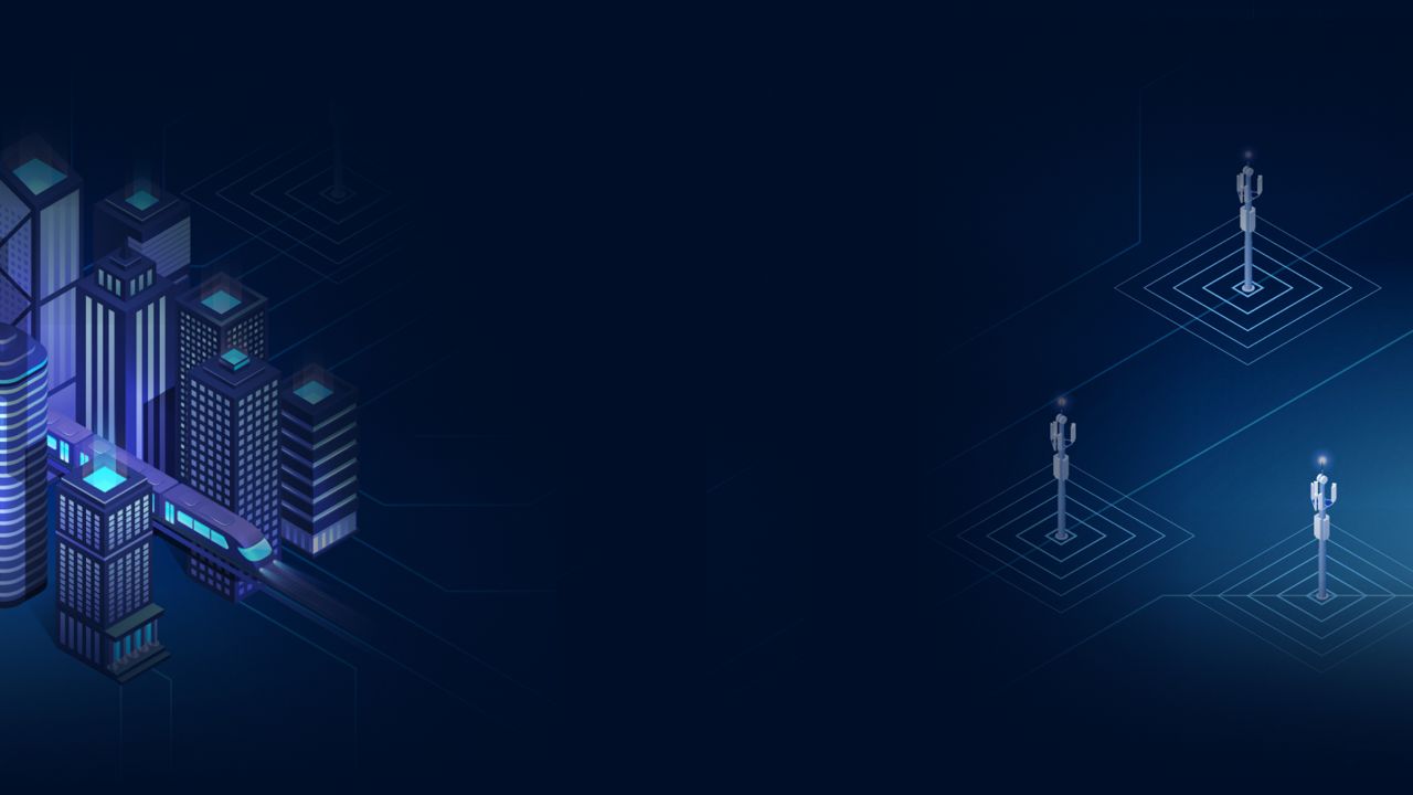 Abstract illustration of telecommunications towers connected with network lines to a glowing cityscape.