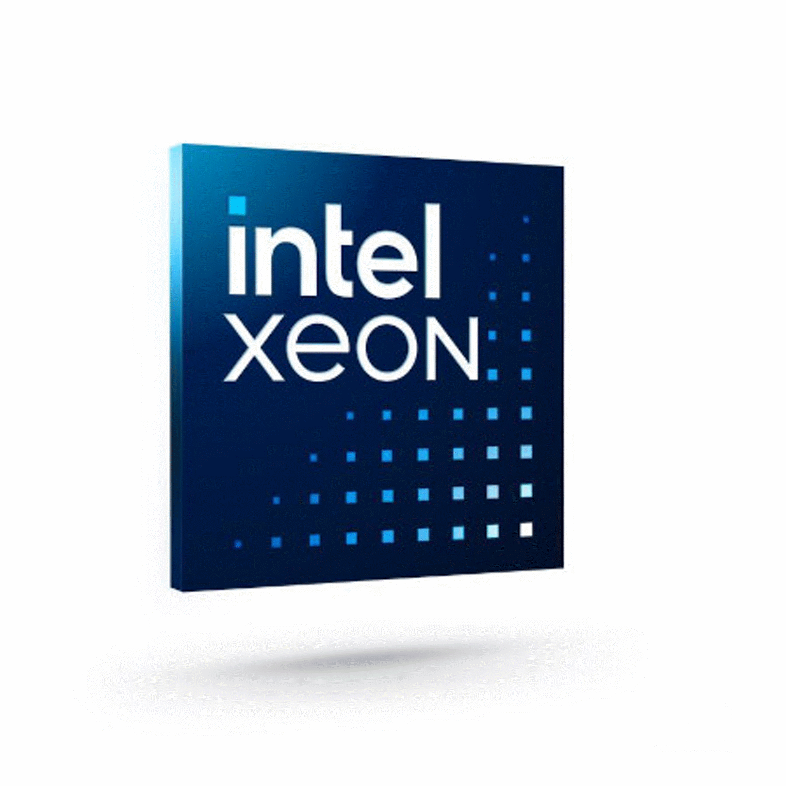 Logo of Intel Xeon with the words intel and XEON in white text on a dark blue gradient background. Blue and white squares form a pattern on the right side, creating a technology-themed design.