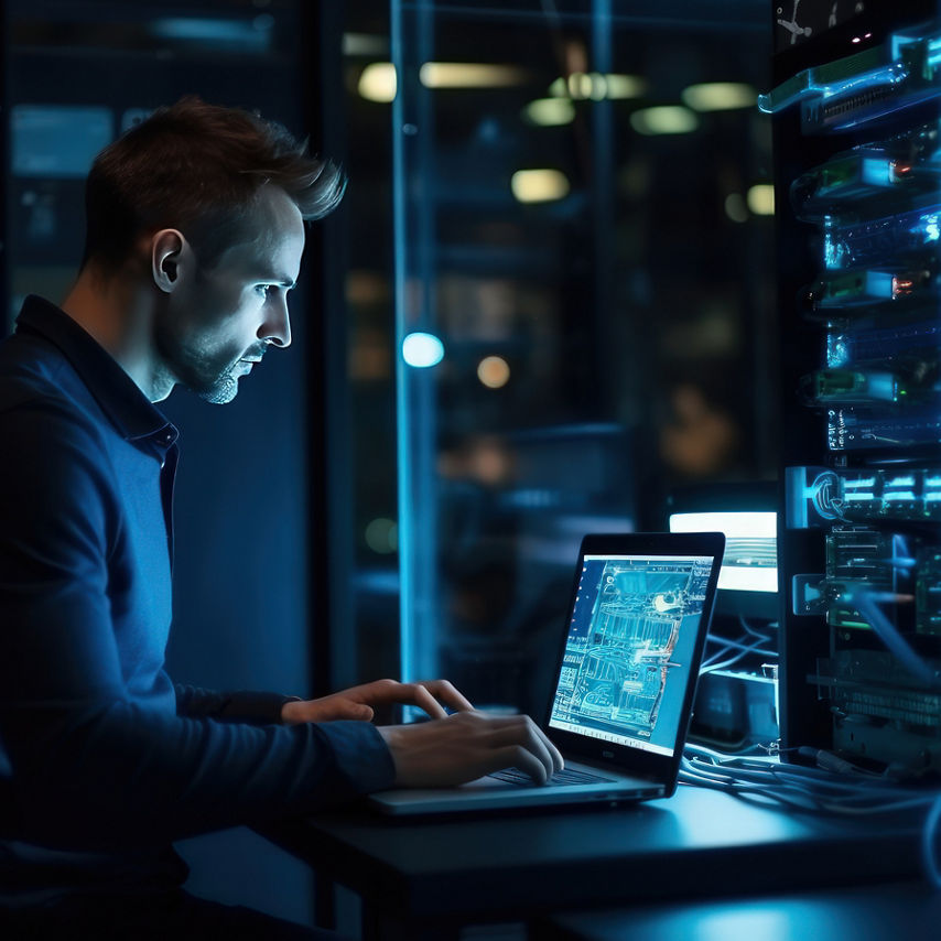 A young Caucasian man with a tablet computer stands in the middle of a server room